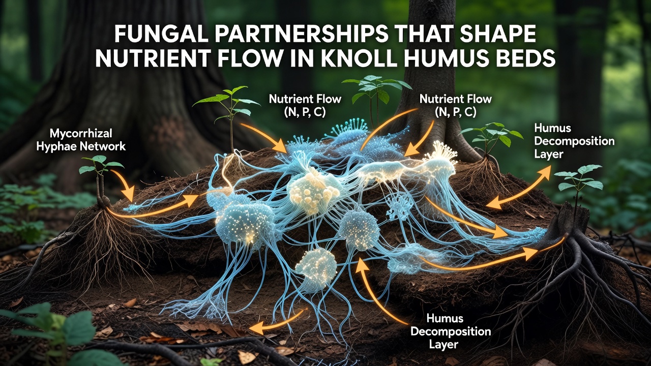Cross-section diagram showing fungal hyphae connecting plant roots to nutrient sources within layered humus beds