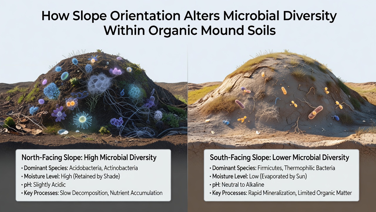 Close-up view of soil core samples from organic mounds showing variation in microbial activity layers between slope aspects